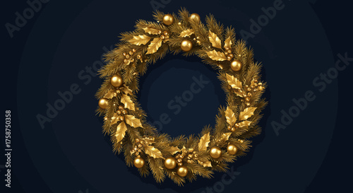 Elegant gold christmas wreath on dark blue background for festive holiday decor