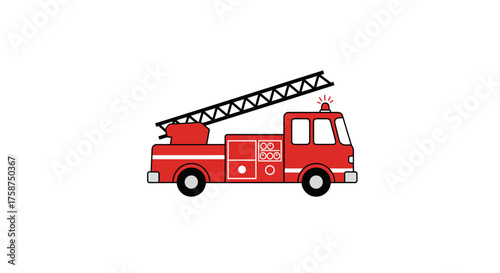 Simple flat style red fire engine with ladder on white background