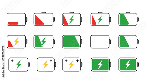 Battery charge status icons set with colorful indicators and power symbols