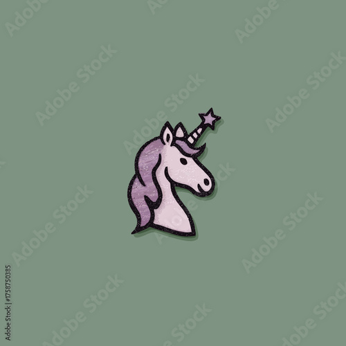 Cute purple unicorn head illustration with a star horn, mystical fantasy creature drawing on a solid green background for children