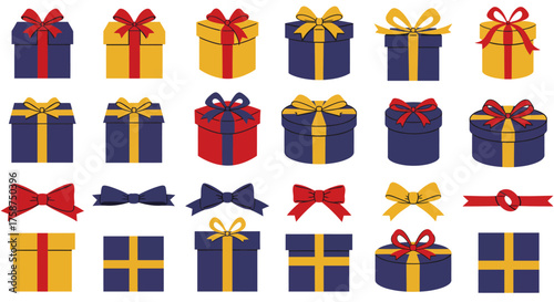 Colorful gift boxes and bows in flat style set