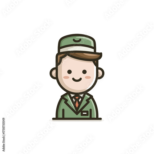 Cute cartoon man in green uniform, hat, and tie, smiling. Friendly service professional, hotel staff, or doorman avatar icon.