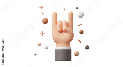3d hand gesture with rock sign and floating abstract shapes