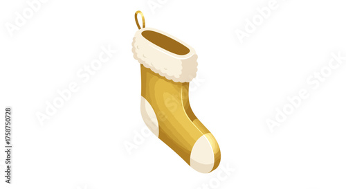 Golden christmas stocking with white fur trim in isometric design on white background