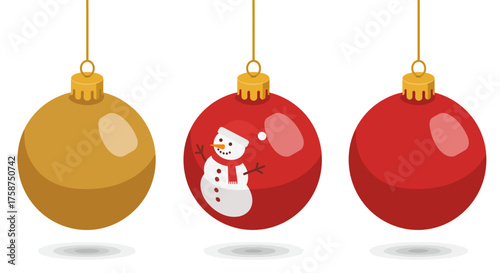 Festive christmas baubles with snowman design hanging on gold string