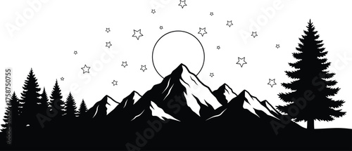 Mountain range with pine trees and starry night, serene and scenic landscape, perfect for nature lovers and outdoor enthusiasts