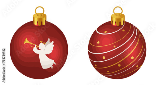 Festive red christmas ornaments with angel and swirl design on white background
