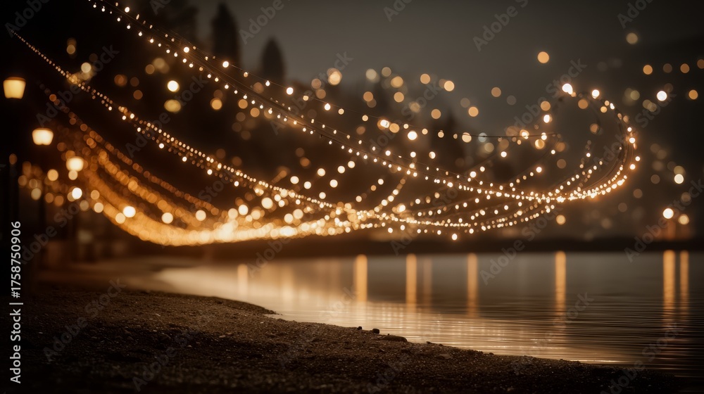 Fototapeta premium Beach at night with a river in the background. The water is calm and the sky is dark