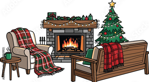Cozy christmas living room, featuring a decorated tree, fireplace, and comfortable furniture, evoking warmth and holiday cheer, perfect for seasonal designs