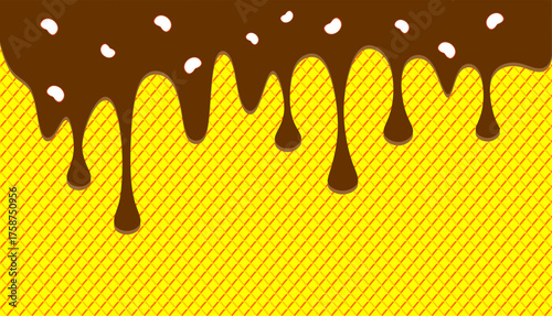 Wavy chocolate illustration. Dripping chocolate illustration background. Brown chocolate drip on waffle background.. Fast food chocolate drip illustration  Hand-drawn choco drip vector.
