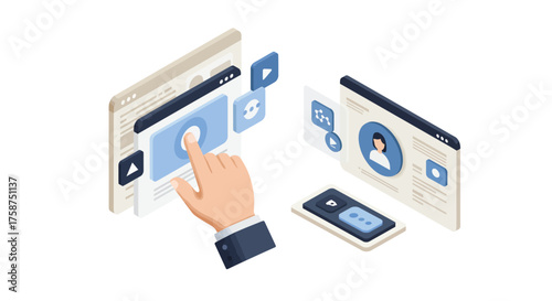 Isometric user interface design with interactive elements and digital media