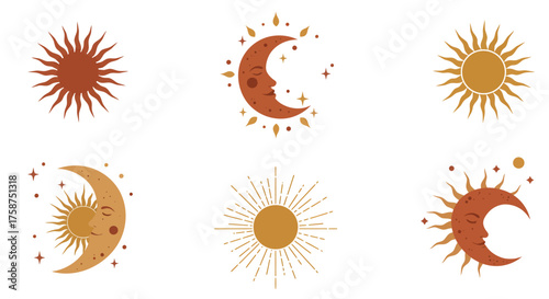 Celestial sun and moon designs with boho aesthetic and cosmic elements
