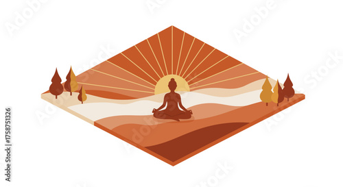 Peaceful meditation in autumn landscape with rising sun and warm colors