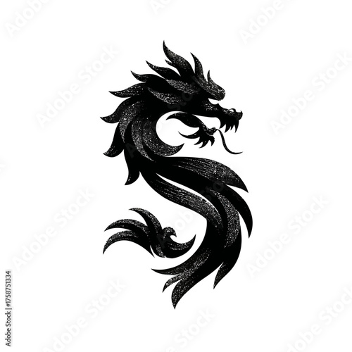 Stylized black dragon illustration, majestic mythological creature symbol with textured details, powerful oriental fantasy art on white background