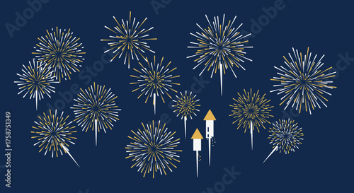 Festive fireworks display with colorful bursts and rocket shapes on dark background