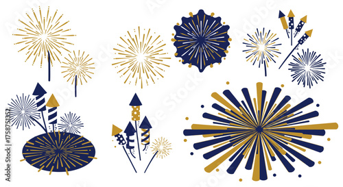 Festive blue and gold fireworks exploding in various patterns for celebrations