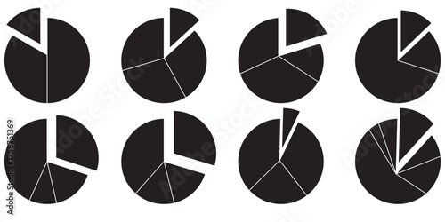 Set of black pie chart icons with different segment divisions, simple circular infographic symbols for business, finance, statistics, report data visualization, and analytics design 