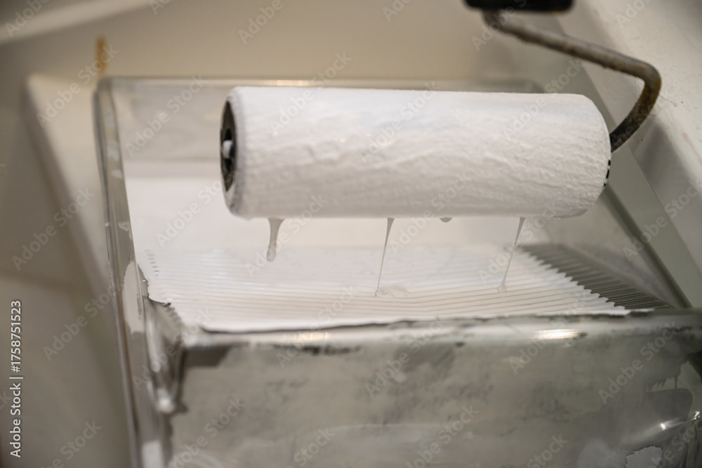 Obraz premium Paint Roller Loaded with White Paint in Tray