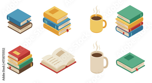 Colorful isometric books and coffee cups on white background