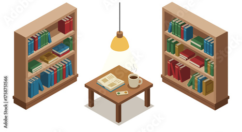 Cozy isometric reading nook with bookshelves and coffee table