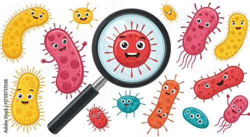 Colorful cartoon bacteria with magnifying glass in cute microorganism design
