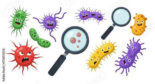 Colorful cartoon bacteria with magnifying glass in microbiology analysis