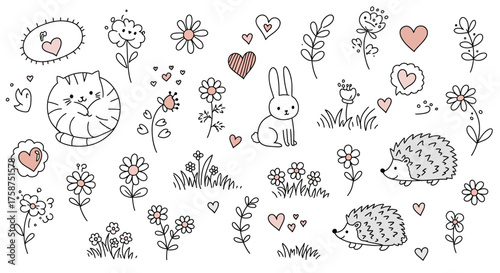 Whimsical animal and floral doodles with hearts in minimalist style