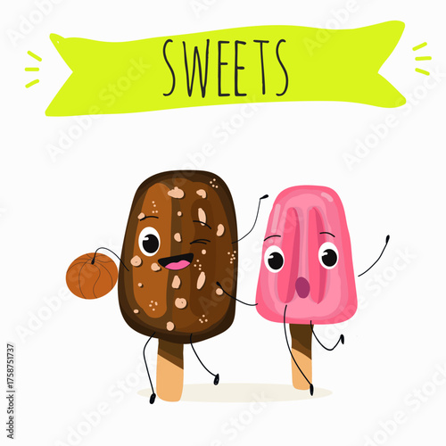 Tasty ice creams, ice-cream cones and popsicle, funny characters, hand drawn vector illustration.