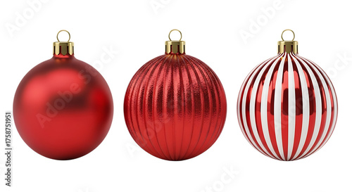Three shiny red christmas baubles, one plain, one ribbed, and one striped, isolated on transparent background