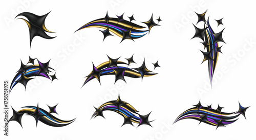 A collection of dynamic abstract star swirl elements for pinstriping and vehicle graphics, featuring cosmic motion and energy