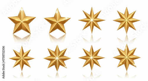 Collection of gleaming golden stars with reflections on a white background, symbolizing achievement and excellence
