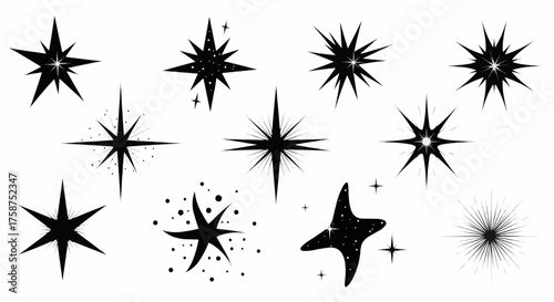 Collection of black star shapes - diverse designs of starbursts and twinkling symbols for design