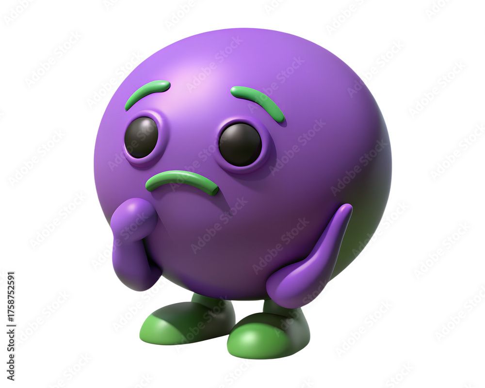Fototapeta premium Thoughtful purple emoji isolated on transparent background expressing deep thought, contemplation, or consideration