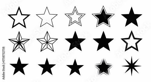 Diverse collection of star shapes, featuring outline, filled, and intricate designs for visual appeal