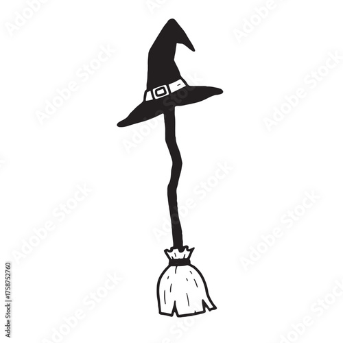 Witch s broomstick with pointed hat flying against white background
