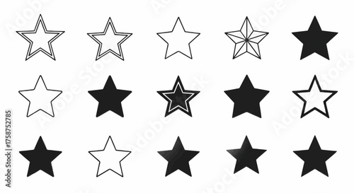 A diverse collection of black star icons shown in various styles. Includes hand-drawn, outlined, and solid shapes for rating, review, and favorite symbols on a white background