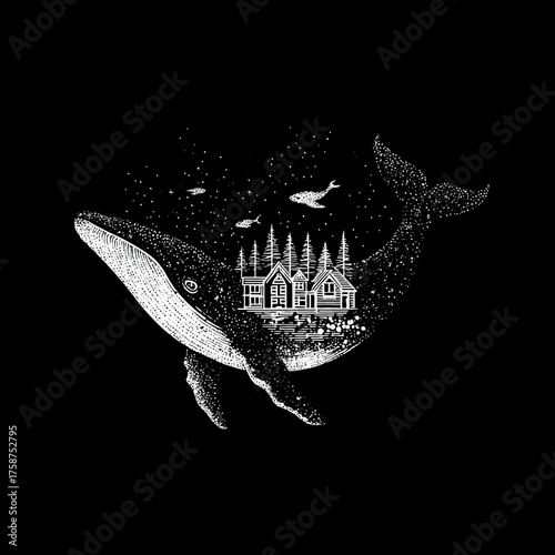 Whale carrying a magical village of houses and pine trees under a starry sky, a mystical animal fantasy illustration with cosmic elements.