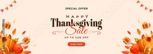 Happy Thanksgiving Sale Banner With Autumn Leaves, Pumpkins, Gifts, And Discount