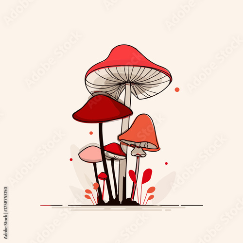 Stylized Vector Illustration of a Cluster of Vibrant Red, Orange, and Pink Mushrooms, Natural Fungi Design on a Light Background