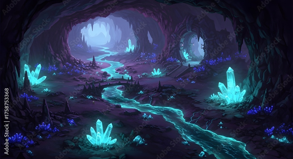 Fototapeta premium Explore a stunning magical cave with glowing crystals and a flowing river leading to a mysterious portal offering untold fantasy adventure
