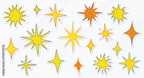 A vibrant collection of hand-drawn stars and playful sparkles, featuring cheerful yellow and orange crayon textures. This whimsical set offers a festive design concept for creative projects
