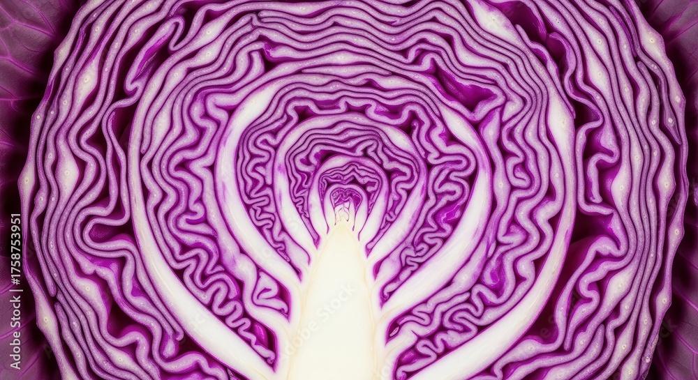 Obraz premium Abstract Macro Shot Red Cabbage Halved Cross Section Vibrant Purple White Intricate Layers Organic Vegetable Detail Healthy Food Background