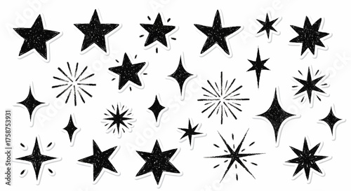Collection of hand-drawn black stars and sparkles with a textured, glittery effect. Doodle-style celestial elements isolated on white