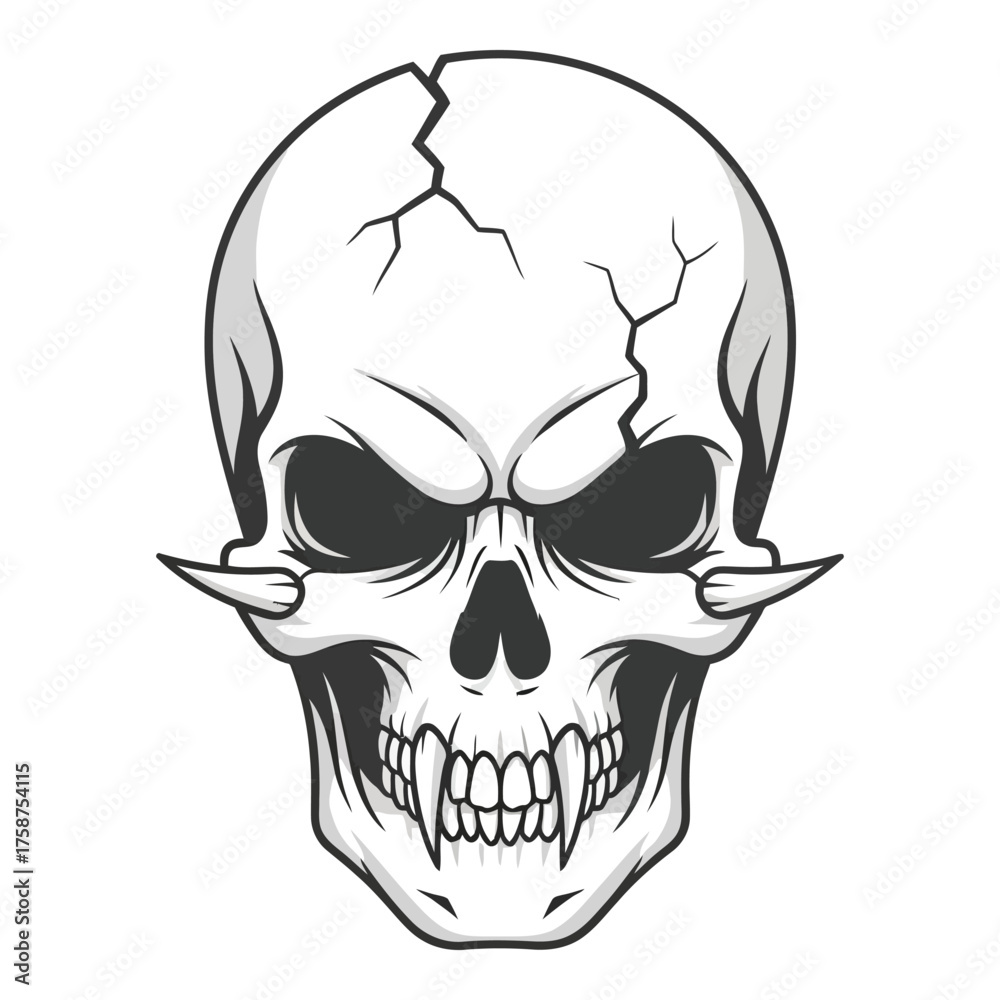 Fototapeta premium Creepy skull with cracked cranium and menacing fangs for horror designs, Halloween projects, and dark fantasy art that adds an edgy, sinister touch