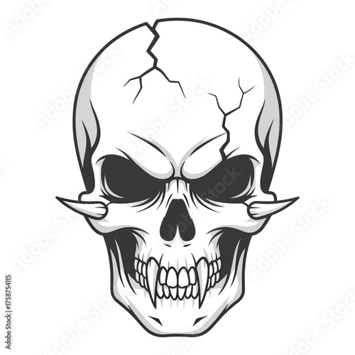 Creepy skull with cracked cranium and menacing fangs for horror designs, Halloween projects, and dark fantasy art that adds an edgy, sinister touch