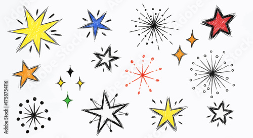 A collection of hand-drawn starbursts and star shapes in various colors and sizes, representing excitement and celebration