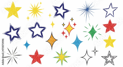 Collection of Hand-Drawn Star Illustrations with Sparkling Effects and Various Styles