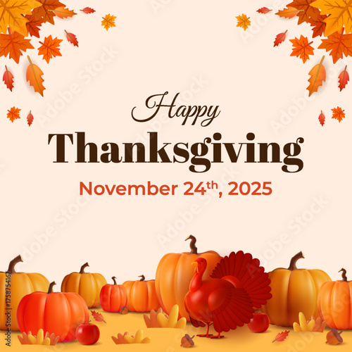 Happy Thanksgiving Autumn Scene With Pumpkins, Leaves, and a Festive Turkey Display