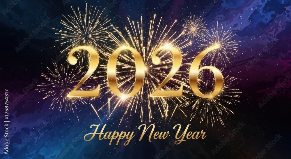 Obraz premium Happy New Year 2026 golden text with fireworks, festive 2026 celebration background, luxury gold numbers on dark night sky for holiday greeting cards