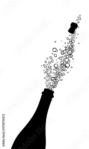 A black silhouette of a champagne bottle popping with a stream of bubbles. Perfect for New Year, party, celebration, and festive-themed designs, greeting cards, posters, and digital or print projects.